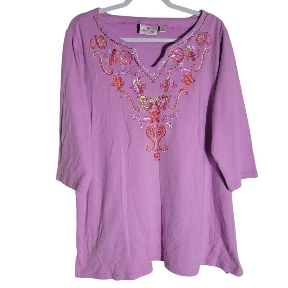 Quacker Factory Sequin Fish Nautical Top Women's Size XL Pink Artsy Embroidered